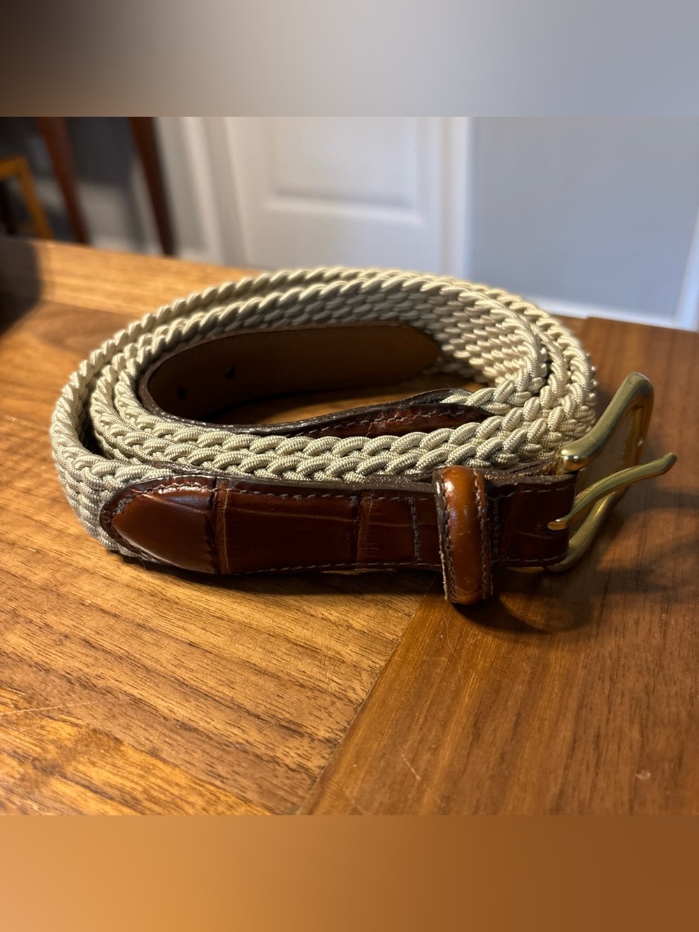 Brighton Men's Braided/Woven Belt Beige/Brown Stretch Brass Buckle Size 48 EUC